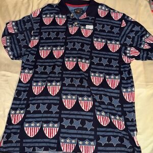 Chaps Ralph Lauren Mens XL Vintage Patriotic Shield Star Print Polo Shirt